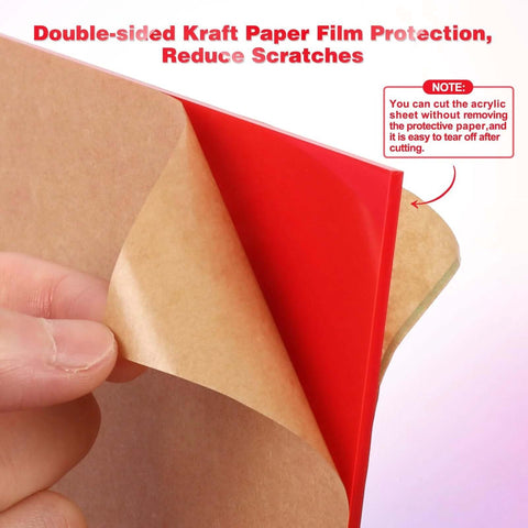 Front view of red acrylic sheet, 12x12 in, 3 mm thick, 10-pack, protective paper being peeled