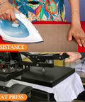 Person using 12 Pack Reusable Teflon Heat Press Sheets 12 By 16 Inches for crafting and heat pressing fabric with iron and press machine.
