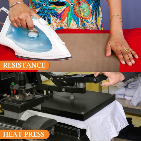Person using 12 Pack Reusable Teflon Heat Press Sheets 12 By 16 Inches for crafting and heat pressing fabric with iron and press machine.