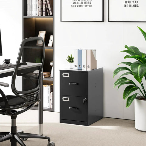 Two Drawer Steel File Cabinet With Lock, Vertical Office Filing Cabinet For Home Office next to desk