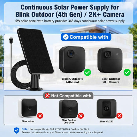 Premium 5 Watt Solar Panel Set To Keep Outdoor Cameras Never Running Dry Featuring Hefty IP65 Rain Proof Housing And Extended Wiring for Blink Outdoor Camera compatibility.