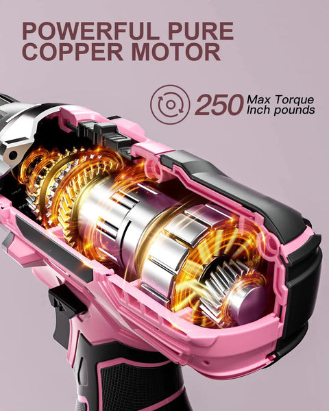 Cutaway view of a pink cordless drill's pure copper motor showing internal gears and components with 250 in-lb torque.