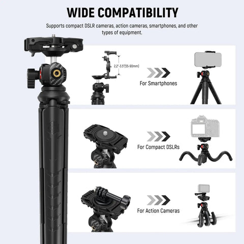 Compatibility features of Mini Flexible Phone Tripod With Remote For iPhone and cameras, showing smartphone, DSLR, and action camera use.