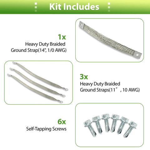Heavy Duty Engine Ground Straps Kit with Braided Ground Wires for Battery Starter Chassis and Frame, 315 Amps, 1/0 AWG, screws included
