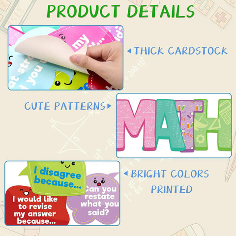 Math Talk Bulletin Board Set For Classrooms And Home Offices Kid Friendly Interactive Math Discourse Cards with patterns, bright colors.