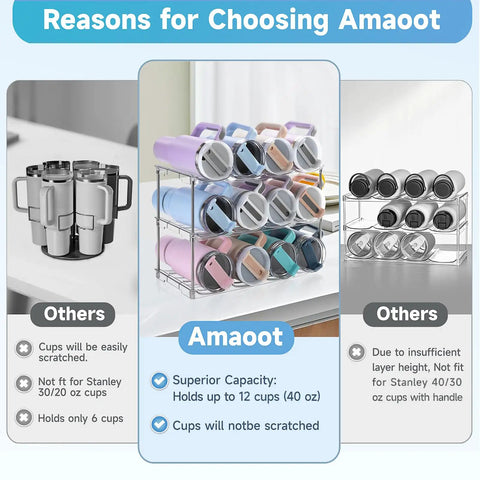 Top Shelf Large Water Bottle Organizer Rack Holds Up To Twelve Tumblers With Wide Five Point Nine Gaps And Rugged Handle For Your Dope Drink Rig And Fresh Carry Style, displaying organized tumblers.