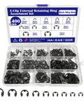 10 Size E Clips Assortment Kit With 400 Pieces External Retaining Rings Circlips 1.5mm To 10mm Black Alloy Steel in box.