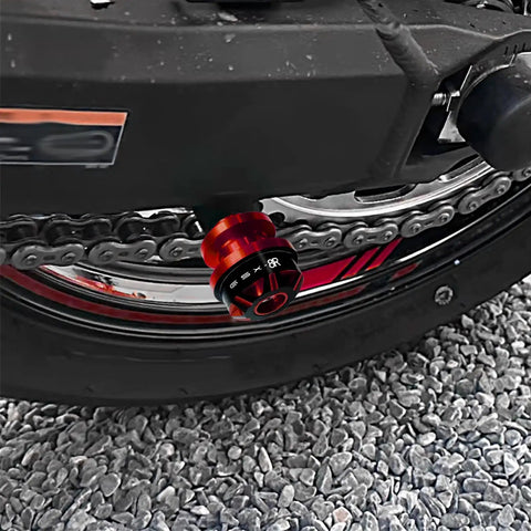 GSX 8R CNC Aluminum Swingarm Spool Slider Kit Orange Anodized Pro Grade Motorcycle Accessory installed on rear wheel