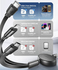 3 In 1 Retractable Car Charger Cable with USB C, Lightning and Micro USB ports showing compatibility and features chart
