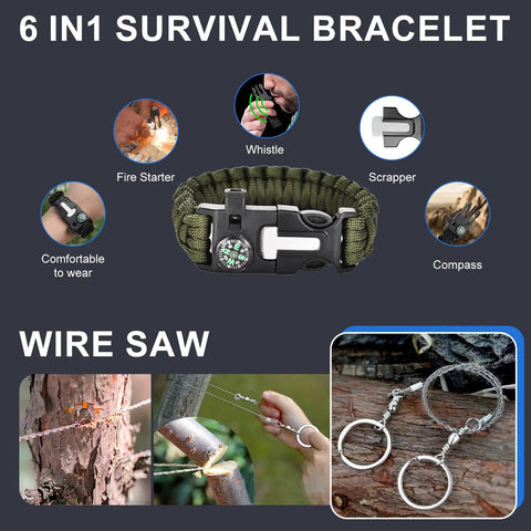 6 in 1 survival bracelet with compass, whistle, fire starter, and wire saw from 30 In 1 Survival Kit For Adventurers Gear Up Emergency Outdoor Essentials Camping Fishing Hunting Hiking Travel Ready For Any Trip Gift Idea For Men And Women Cool Outdoor Gadgets All In One Survival Set.