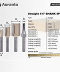 Pro Level Four Piece Straight Router Bit Set With One Quarter Inch Shanks, AT03 material, dimensions and specifications shown.