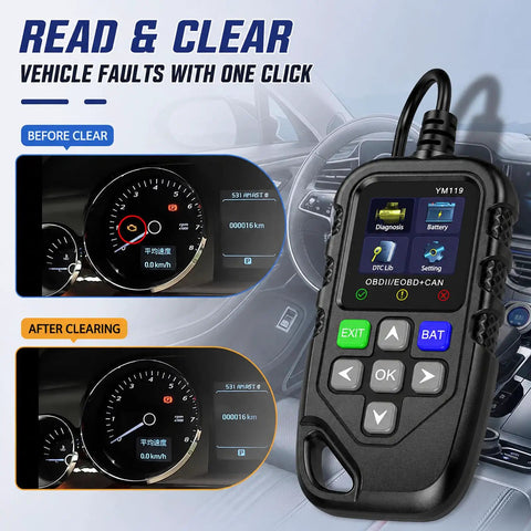 Plug And Play OBD2 Scanner Code Reader Diagnostic Tool For Chevrolet Bolt EV 2017 To 2023 shows before and after clearing vehicle faults.