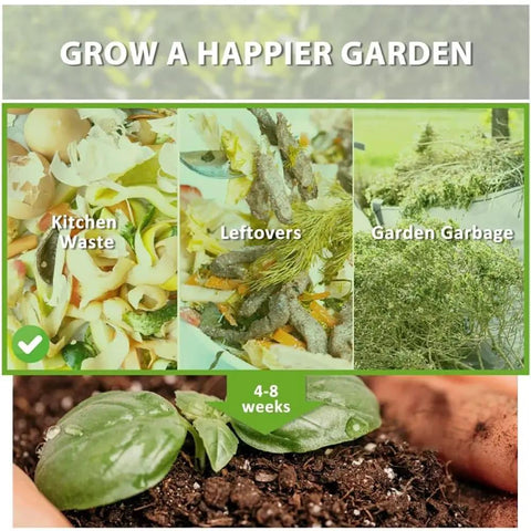 Image of kitchen waste, leftovers, and garden garbage next to growing plants to promote 80 Gallon Outdoor Tumbling Compost Bin use.