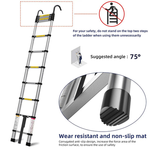 10.5 Foot Telescoping Ladder With Hook, Go-To Aluminum Folding Extension Ladder For Home And RV, Attic Or Garage, Multi Use Durable Aluminum Ladder With Easy Extend And Lock, Supports Up To 330 Lbs., aluminum telescoping ladder shown with safety angle guide and non-slip steps