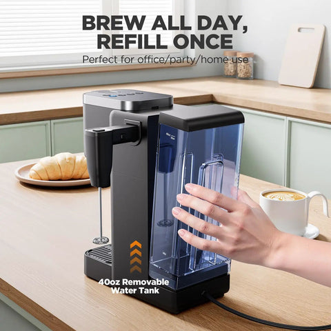 Single Serve Coffee Maker With Built In Detachable Milk Frother For Pods And Grounds No Fuss In Classic Bold Over Ice And Specialty Brew 40 Oz Removable Water Reservoir Six Cup Sizes Fits 7 Point 3 Inch Travel Mug Black shown on kitchen counter