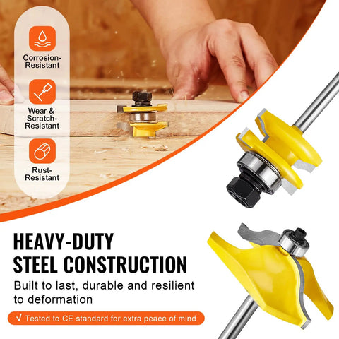 Pro Grade Carbide Router Bit Set With 1/4 Inch Shank In A Sturdy Wood Carrying Case, 3-piece kit shown with steel construction