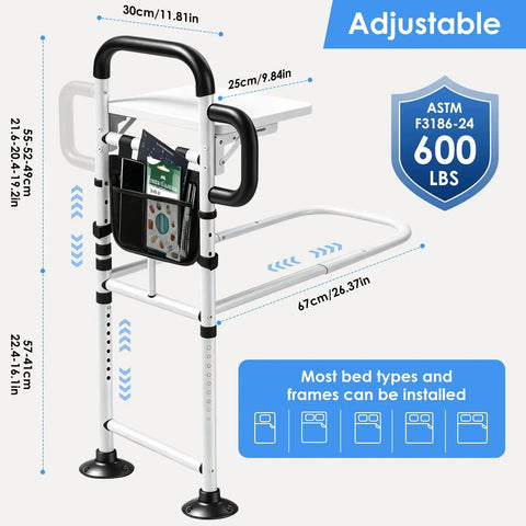 Heavy Duty Bed Rail For Elderly Safety With Dual Handles, Adjustable To 600 Lbs, Non Slip Waterproof Foam Grip