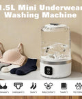 Hella Portable Compact Mini Washer For Underwear Gym Gear And Delicate Threads On The Road Or In Small Spaces Featuring Rechargeable Battery and Agitating Spin Cycle, showing bra, socks, and mini washing machine.