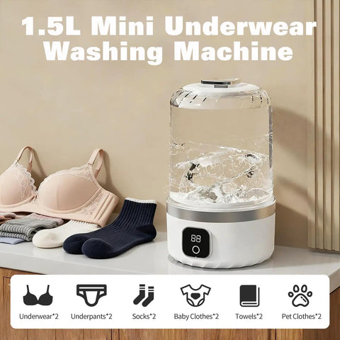 Hella Portable Compact Mini Washer For Underwear Gym Gear And Delicate Threads On The Road Or In Small Spaces Featuring Rechargeable Battery and Agitating Spin Cycle, showing bra, socks, and mini washing machine.