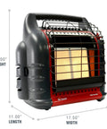 Front view of 18,000 BTU Radiant Heater For Indoor And Outdoor Use Heats Up To About 400 Sq Ft With Three Heat Settings Low Medium High Portable Big Buddy Style Heater dimensions shown