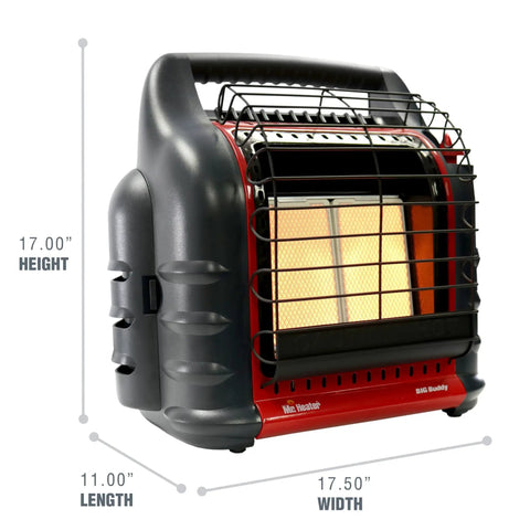 Front view of 18,000 BTU Radiant Heater For Indoor And Outdoor Use Heats Up To About 400 Sq Ft With Three Heat Settings Low Medium High Portable Big Buddy Style Heater dimensions shown