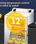 Four Hundred Watt Food Dehydrator With Six Roomy Mesh Trays And Precise Temperature Settings displaying 12-hour timer control.