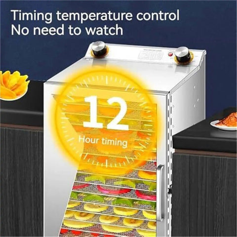 Four Hundred Watt Food Dehydrator With Six Roomy Mesh Trays And Precise Temperature Settings displaying 12-hour timer control.
