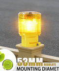 Sun Powered Solar Strobe Warning Light 360 Degree Waterproof LED Safety Light with 53mm mounting on outdoor rail, yellow glow