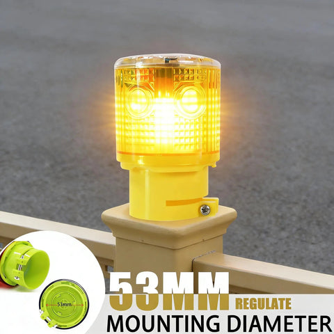 Sun Powered Solar Strobe Warning Light 360 Degree Waterproof LED Safety Light with 53mm mounting on outdoor rail, yellow glow