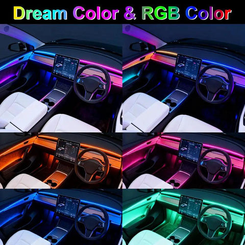 Acrylic Interior Car Led Lighting Kit With Remote And Wireless App 6 In 1 Ambient Lighting System Fiber Optic Strip LEDs 16 Million Colors Music Sync DIY Modes Easy Install For Dash Doors And Cabin Lit Vibe shown in various color modes inside a car.