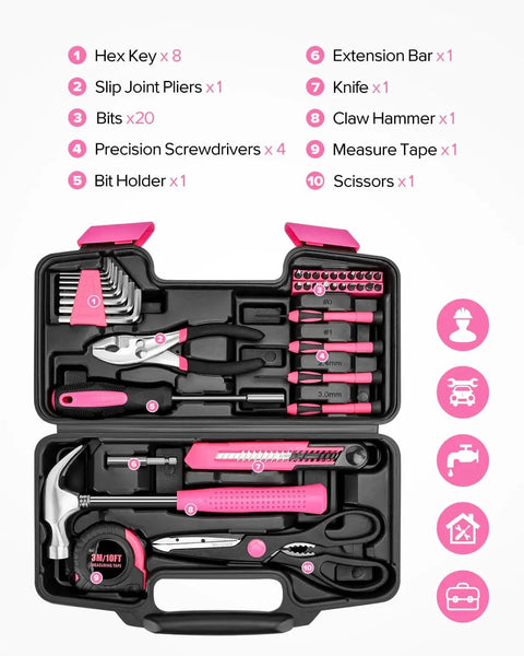 Pink 39 Piece Household Tool Set With Plastic Toolbox Essential Hand Tool Kit For Home Repairs DIY Projects Crafting Handy