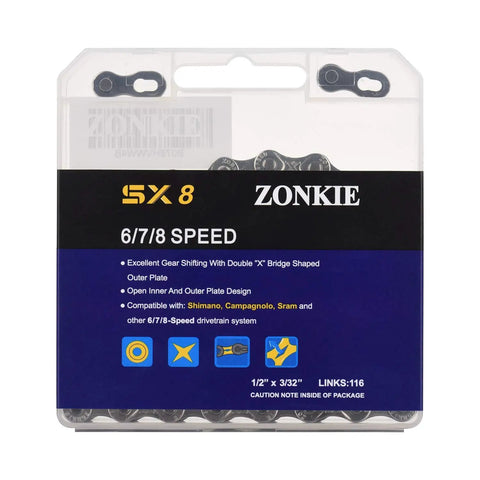 Packaging of 6/7/8 Speed Bike Chain One Half By Three Thirty Second Inch, 116 Links With Quick Link, easy install, forged steel
