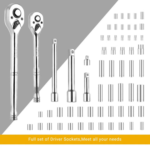192 Piece Mechanics Tool Set With Socket Wrenches In A Heavy Duty Plastic Case tools showing ratchets and various sockets
