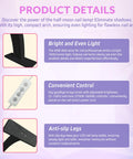 Product details of Half Moon LED Nail Lamp With 1600 Lumen Desk Light for nails, showing LED light, control buttons, and anti-slip legs.