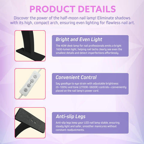 Product details of Half Moon LED Nail Lamp With 1600 Lumen Desk Light for nails, showing LED light, control buttons, and anti-slip legs.