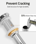 Close-up of Pop Up Drain Without Overflow For Vessel Sinks, 2 Pack Polished Chrome Stopper with durability features highlighted.