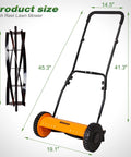 14 Inch Manual Push Reel Lawn Mower With 5 Blade Precision Cutting And Scissor Like Action For Clean Grass Snips, 4 Height Settings For Perfect Lawn Maintenance, Low Effort Yard Work, Quiet And Eco Friendly. Orange reel mower size diagram with handle and blade dimensions