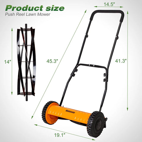 14 Inch Manual Push Reel Lawn Mower With 5 Blade Precision Cutting And Scissor Like Action For Clean Grass Snips, 4 Height Settings For Perfect Lawn Maintenance, Low Effort Yard Work, Quiet And Eco Friendly. Orange reel mower size diagram with handle and blade dimensions