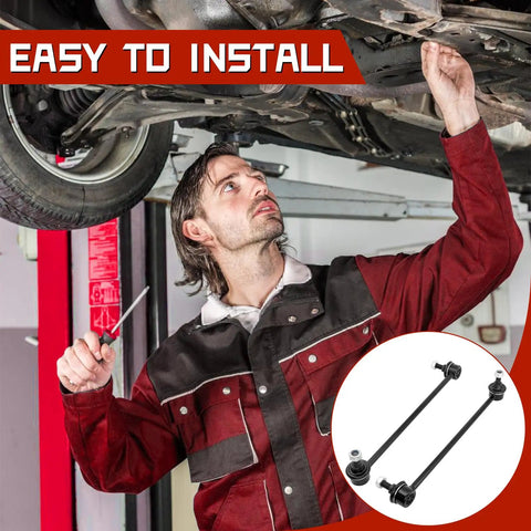 Mechanic installing 2 Pack Front Sway Bar Links For Hyundai Accent 2006 To 2011 And Kia Rio Rio5, black steel components.