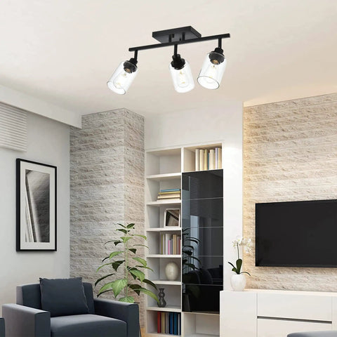 Three Light Black Vanity Light Bar With Rotating Track Heads And Clear Glass Shade 20.5 Inch Ceiling Fixture in living room