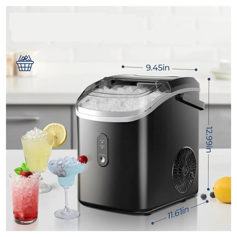 Countertop Ice Maker With Handle Delivers Chewable Nugget Ice In Six Minutes Or Less, portable build on a kitchen counter.