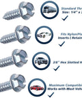Straight Up Premium Chrome License Plate Screws For Your Sweet Ride Rustproof Anti Rattle Bolt Kit 100 Piece Set showing hex head screws with vehicle compatibility.
