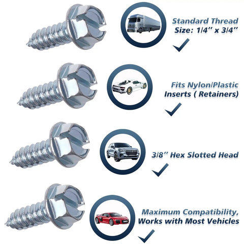 Straight Up Premium Chrome License Plate Screws For Your Sweet Ride Rustproof Anti Rattle Bolt Kit 100 Piece Set showing hex head screws with vehicle compatibility.