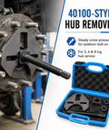 Shop Grade Wheel Bearing Hub Removal Tool And Puller For 5 6 8 Lug Setups With Heavy Duty Forcing Screw in use on vehicle wheel.