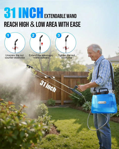 Man using Battery Powered Sprayer 2 Gallon For Yard And Garden, No Pump Easy One Touch Electric Weed Sprayer with extendable wand.