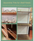 Totally Bulletproof Brackets 4 Pack Adjustable Shelf Supports With Posts And Screws Plus 46 Inch Spindle Fence Kit Keeps Your Cabinetry Locked Down Tight with decorative golden trim on wooden shelves.