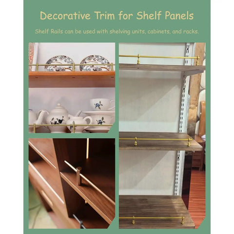 Totally Bulletproof Brackets 4 Pack Adjustable Shelf Supports With Posts And Screws Plus 46 Inch Spindle Fence Kit Keeps Your Cabinetry Locked Down Tight with decorative golden trim on wooden shelves.