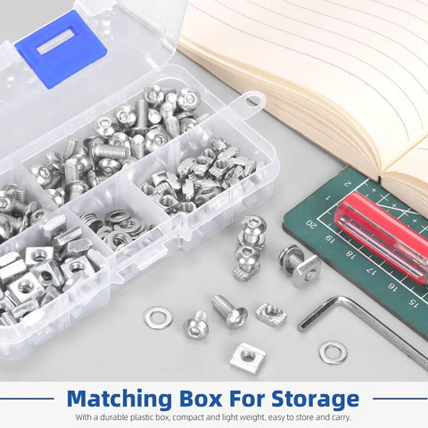 Kickass M5 T Slot Nuts And Button Head Socket Cap Screws Kit For 2020 Aluminum Extrusion Includes T Sliding Bolts Flat Washers And Quick Build Tool For A Rock Solid Rig Setup in a storage box.