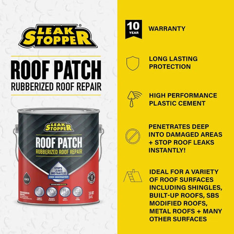Rubberized Roof Patch 1 Gallon That Patches Leaks Fast With 100 Percent Flexible Instant Sealant For Built Up Roofs SBS Modified Roofs Metal Roofs And More Surfaces Black With A Ten Year Warranty product can and features