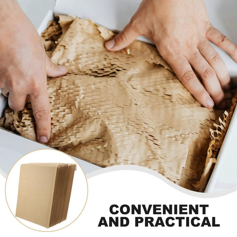 Hands using 20 Pack Kraft Paper Bubble Mailers With Self Sealing Design And Shockproof Padding for packing, 22x34cm.